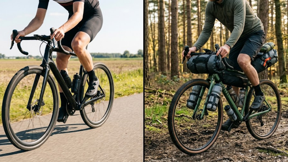Gesplitste afbeelding die een aerodynamische gravelracer vergelijkt met een volledig bepakte bikepacking fiets met veel bevestigingspunten gravelbike.