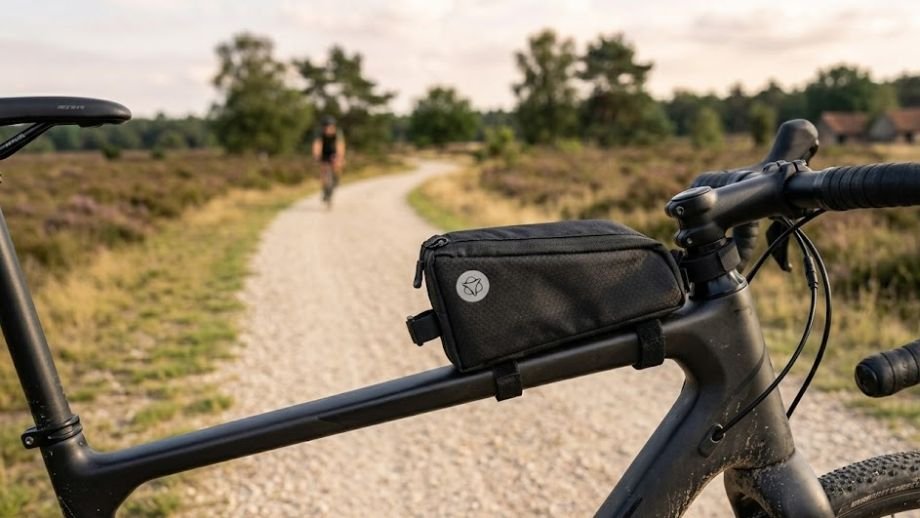 Beste bikepacking tassen gravelbike: AGU Top-Tube 
tas op bovenbuis met magnetische sluiting half 
open en energiereep zichtbaar
