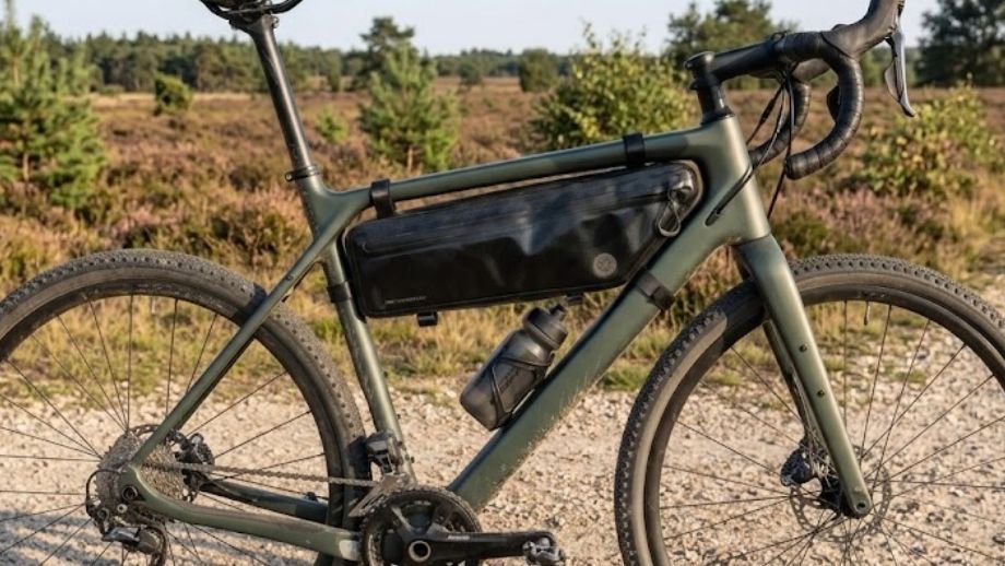 Beste bikepacking tassen gravelbike: AGU Venture 
Extreme frametas 4L gemonteerd in de framedriehoek 
van een gravelbike