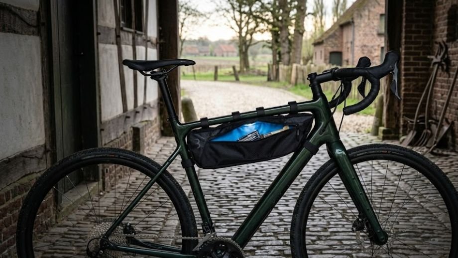 Beste bikepacking tassen gravelbike budget: BBB 
Middle Mate frametas gemonteerd op gravelbike met 
blauwe binnenkant zichtbaar