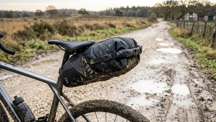 Beste bikepacking tassen gravelbike: BBB Seat 
Sidekick zadeltas 10L gemonteerd onder zadel met 
rolsluiting en modderrand zichtbaar
