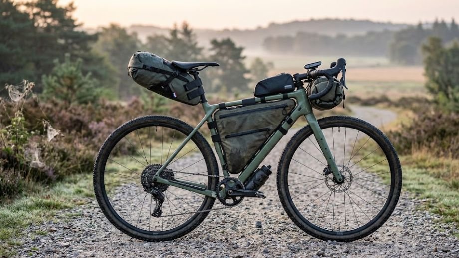 Beste bikepacking tassen gravelbike 2026: volledige setup met frametas, stuurtas en top-tube tas gemonteerd op een gravelbike op grindpad