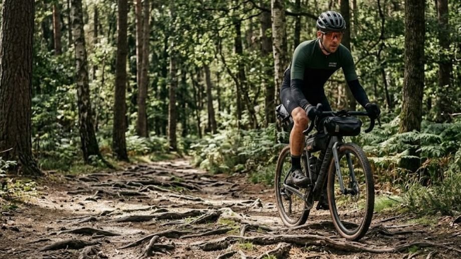 Fietsbril gravel bospaden: gravelbiker op beschaduwd bospad op de Veluwe met wortels zichtbaar op het pad