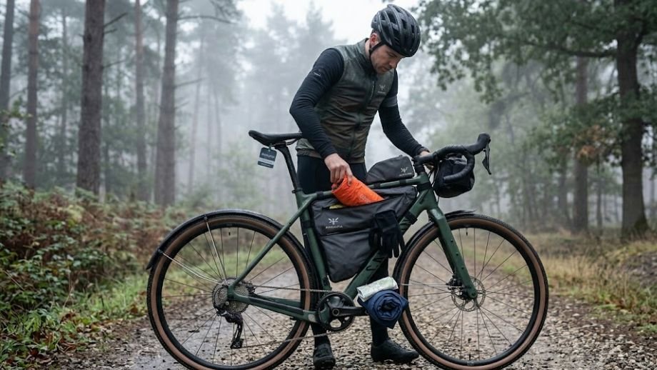 Kleding bikepacking dagrit gravelbike: ingepakte
frametas naast gravelbike met kleding zichtbaar
voor REBOUND dagrit