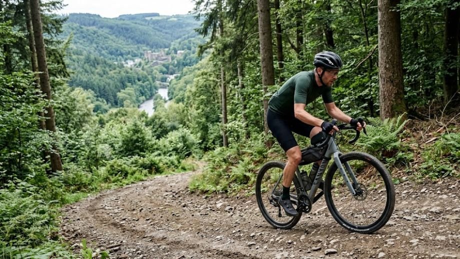 Gravelroutes België: gravelbiker rijdt steile 
gravelweg omhoog in de Ardennen bij La Roche 
en het Ourthe-dal