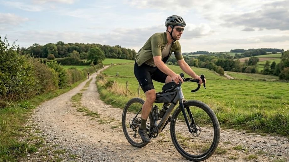 gravelbike framemaat kiezen stack en reach uitgelegd rijder op onverhard pad in de Vlaamse Ardennen