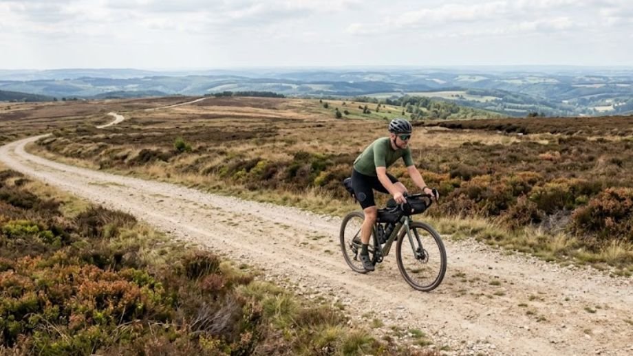 Gravelroutes België: gravelbiker op het open plateau 
van de Hoge Venen op een breed grindpad met wijds uitzicht
