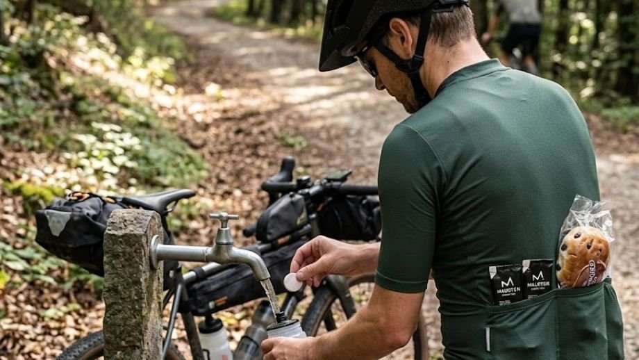 Voedingsplan lange gravelrit: gravelbiker vult bidon 
met elektrolyten en pakt koolhydraten bij een stop