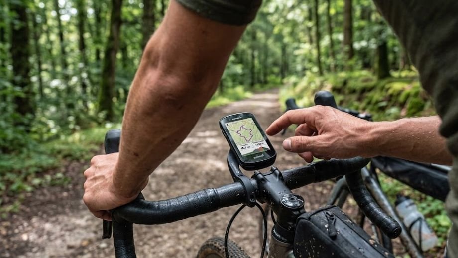 Gravelroutes België plannen op Komoot: fietscomputer 
met Belgische gravelroute geladen op onverhard pad