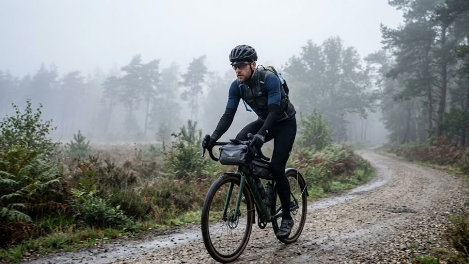 Kleding bikepacking dagrit gravelbike: gravelrijder in gelaagde outfit met armstukken en windbody in vroege ochtendmist op de Veluwe