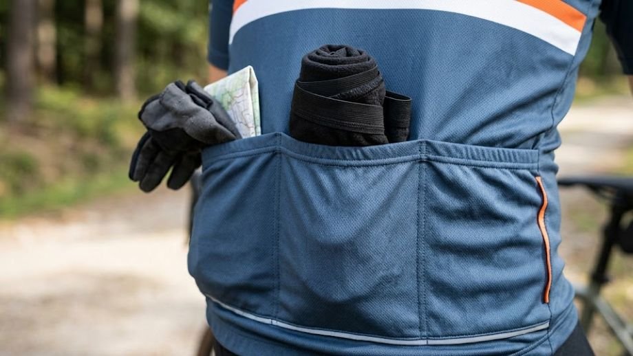 Kleding bikepacking dagrit gravelbike: losse armΒ
stukken opgerold in achterzak van fietsshirt voor
REBOUND kledingstrategie