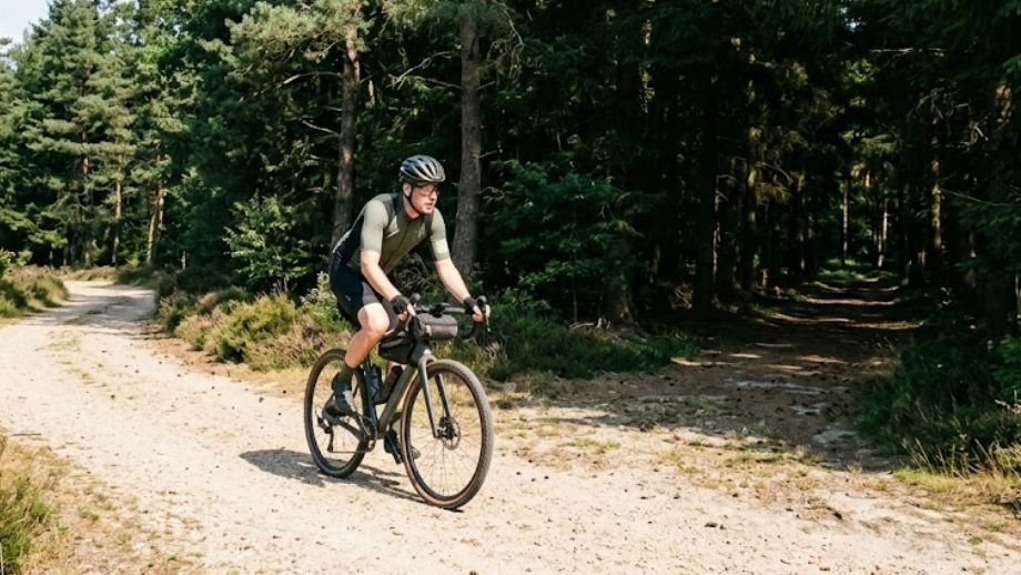 Fietsbril gravel bospaden: overgang van zonnige 
open zandweg naar donker naaldbos op de Veluwe