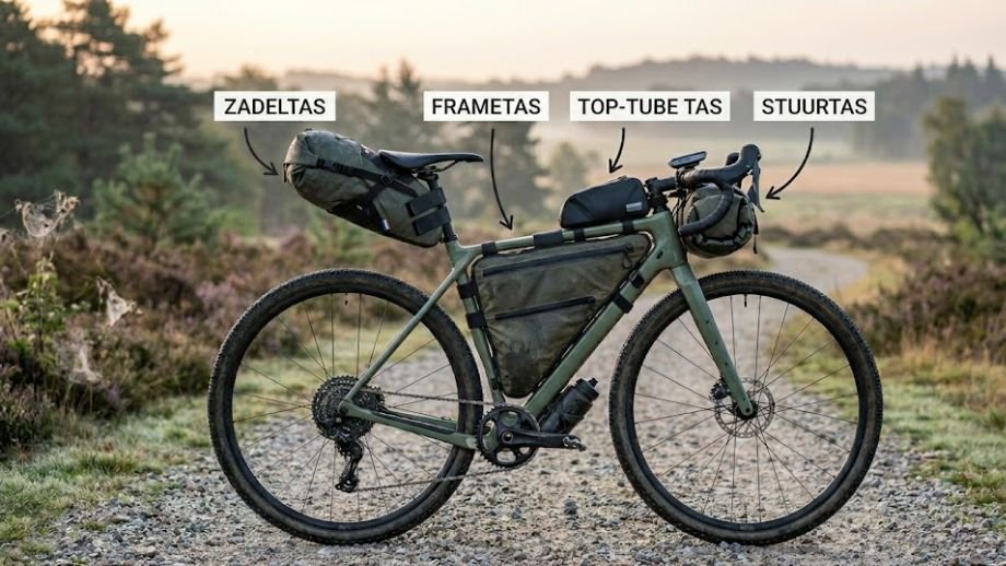 Beste bikepacking tassen gravelbike: vier typen 
naast elkaar — frametas, stuurtas, zadeltas en 
top-tube tas duidelijk gelabeld
