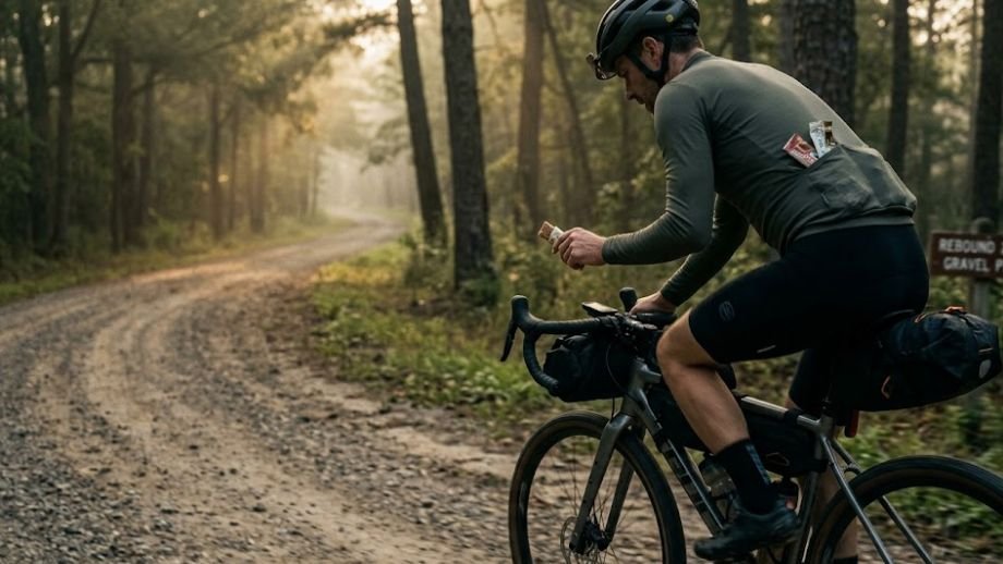 Voedingsplan lange gravelrit: gravelbiker eet onderweg op onverhard pad om de hongerklop te voorkomen