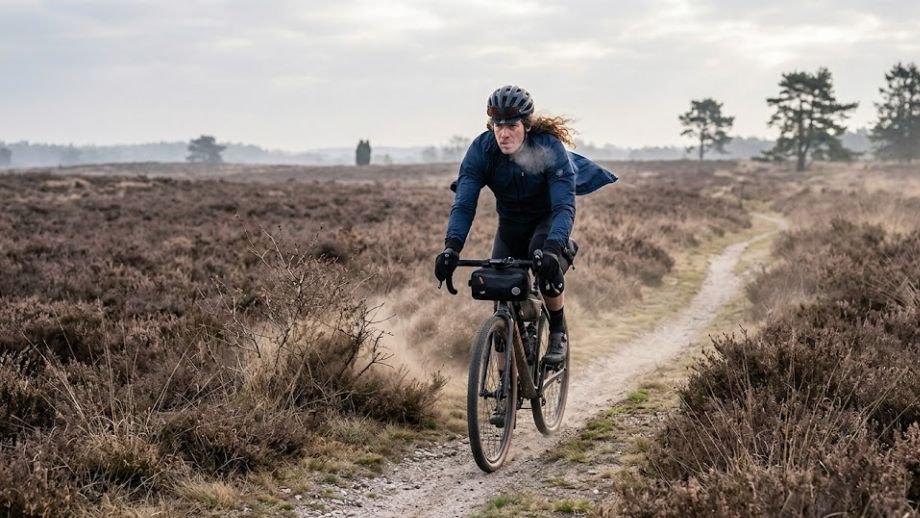 Kleding bikepacking dagrit gravelbike: rijder op
open heideveld Veluwe bij vroege ochtend met
zichtbaar windchill effect in mei
