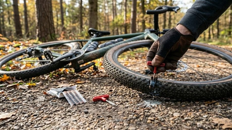 tubeless gravelbanden instellen band repareren onderweg plugkit hand gravelband bospad fiets