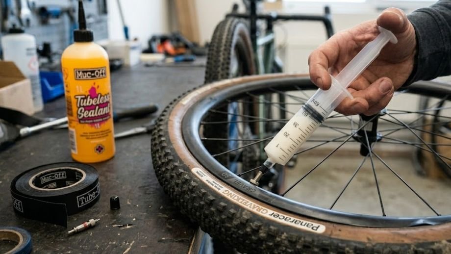 tubeless gravelbanden instellen sealant toevoegen injectiespuit gravelband ventiel hoeveel ml bijvullen vervangen
