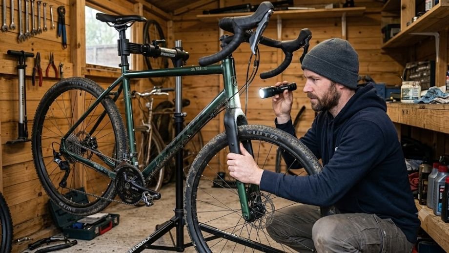 tweedehands gravelbike kopen inspectie frame controleren zaklamp carbon aluminium schuur