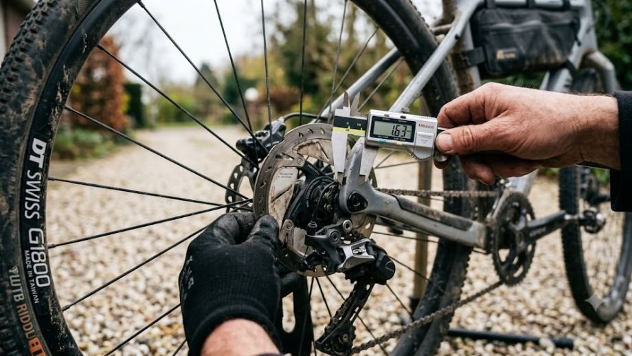tweedehands gravelbike kopen remschijf dikte meten schuifmaat keuring gravelbike inspectie