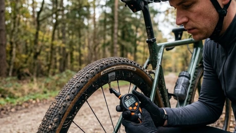 bandenspanning gravelbike gravelband 40 mm zijwand markering digitale drukmeter tabel gewicht tubeless bar psi