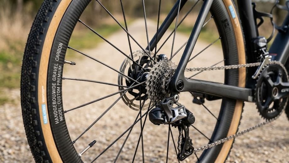 beste gravelbike 3000 euro handgebouwde carbon wielset premium gravelbike upgrade 5000 euro meerprijs close-up