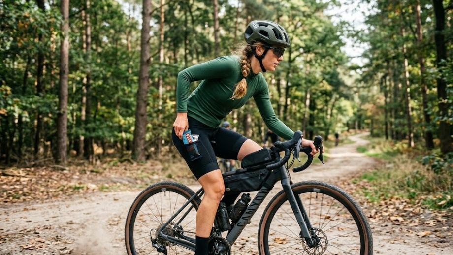dames fietskleding gravel cargo bibshort dijbeenzak bereikbaar tijdens rijden bospad NL vrouwelijke gravelrijder snack