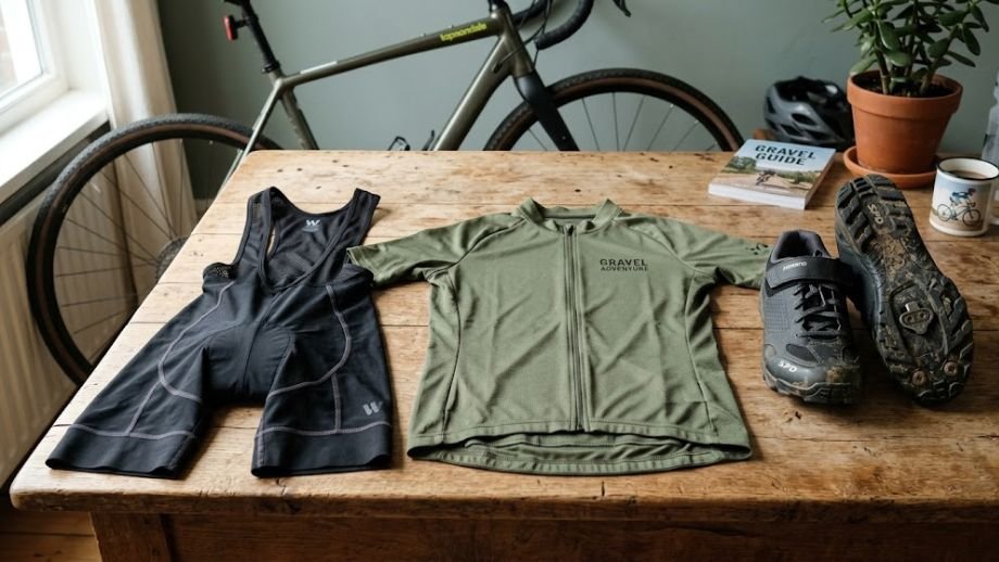  dames fietskleding gravel starterset uitgestald bibshort gravelshirt SPD schoenen beginners tafel