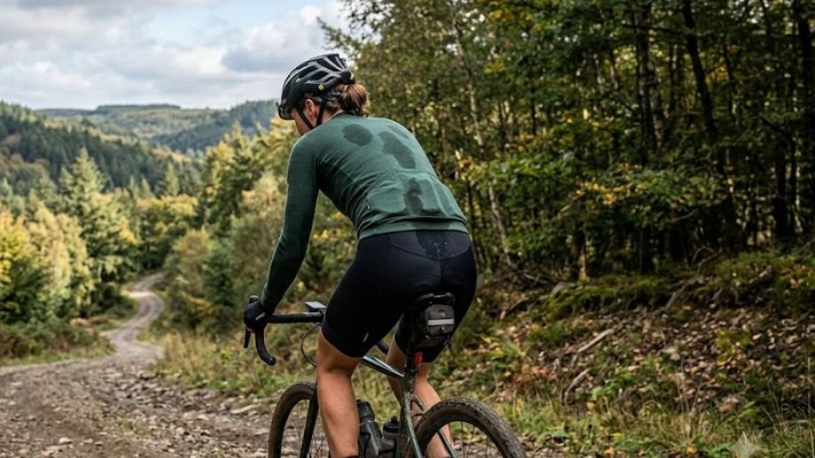 merinowol fietskleding gravelbike thermoregulering gravelrijder klim Ardennen wisselende temperatuur zweet zichtbaar rug