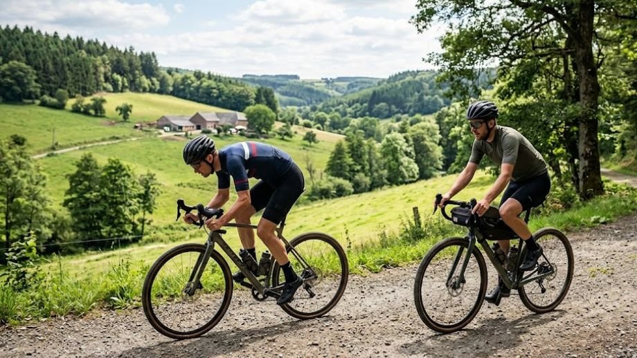 race geometrie adventure geometrie gravelbike twee fietsen naast elkaar verschil stack reach balhoofdhoek onverhard pad Ardennen