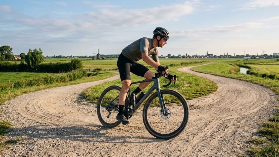 bochten rijden gravelbike techniek gravelrijder bocht zandpad buitenste pedaal naar beneden correct