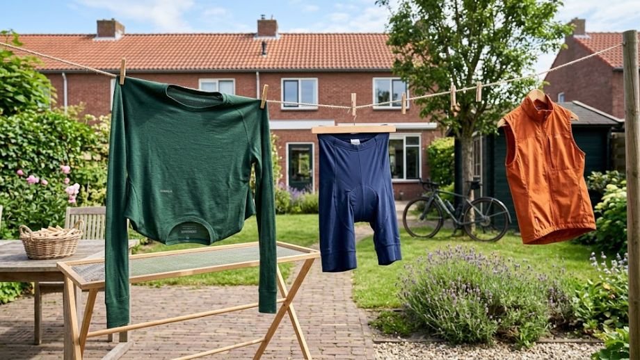 gravelkleding wassen bibshort plat merino shirt liggend windgilet hangend waslijn drogen protocol