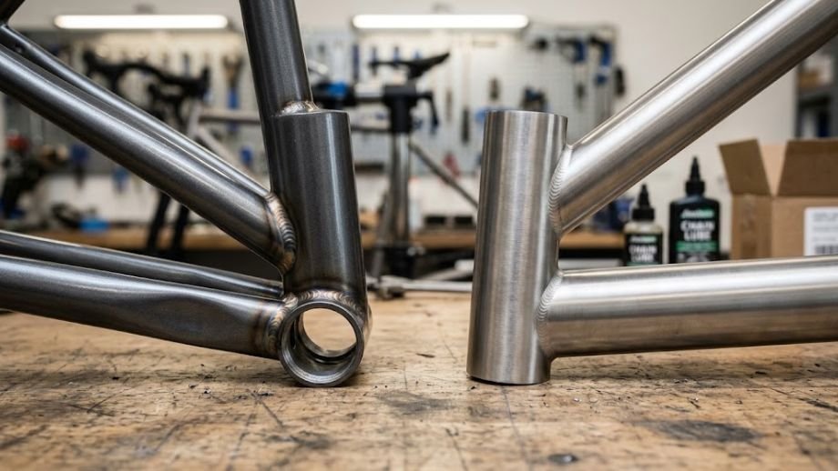 staal of titanium gravelbike vergelijking stalen frame lasnaden naast titanium frame close-up materiaal