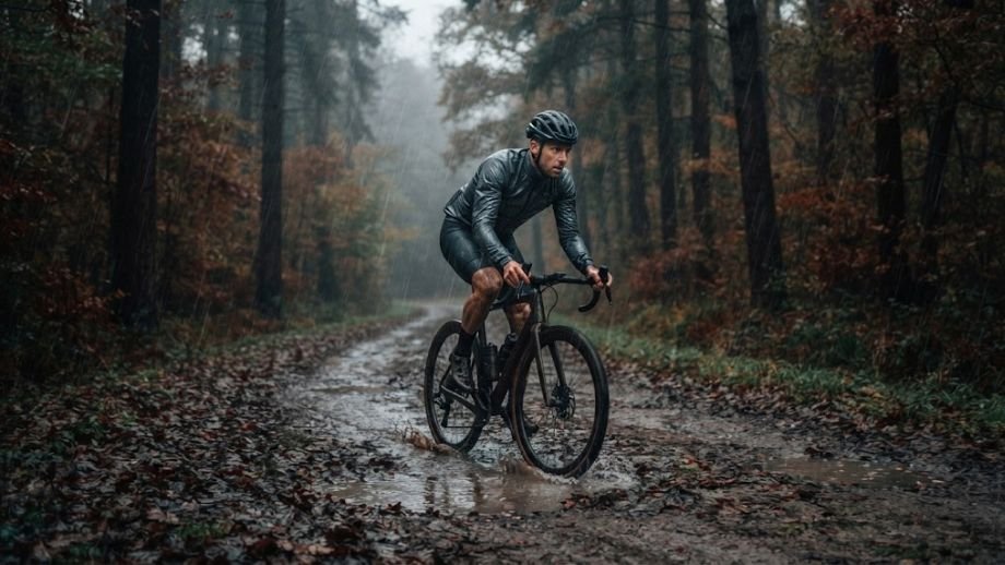 waterdicht of waterafstotend regenjack gravelbike gravelrijder aanhoudende regen nat bospad Ardennen herfst